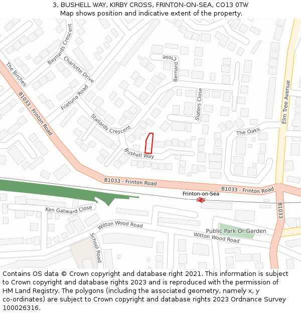 3, BUSHELL WAY, KIRBY CROSS, FRINTON-ON-SEA, CO13 0TW: Location map and indicative extent of plot