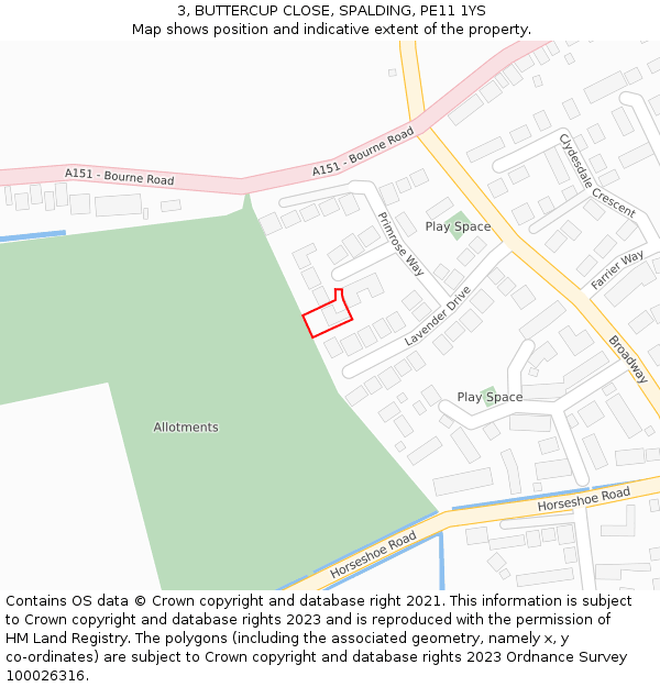 3, BUTTERCUP CLOSE, SPALDING, PE11 1YS: Location map and indicative extent of plot