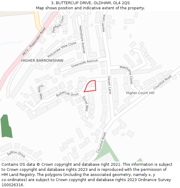 3, BUTTERCUP DRIVE, OLDHAM, OL4 2QS: Location map and indicative extent of plot