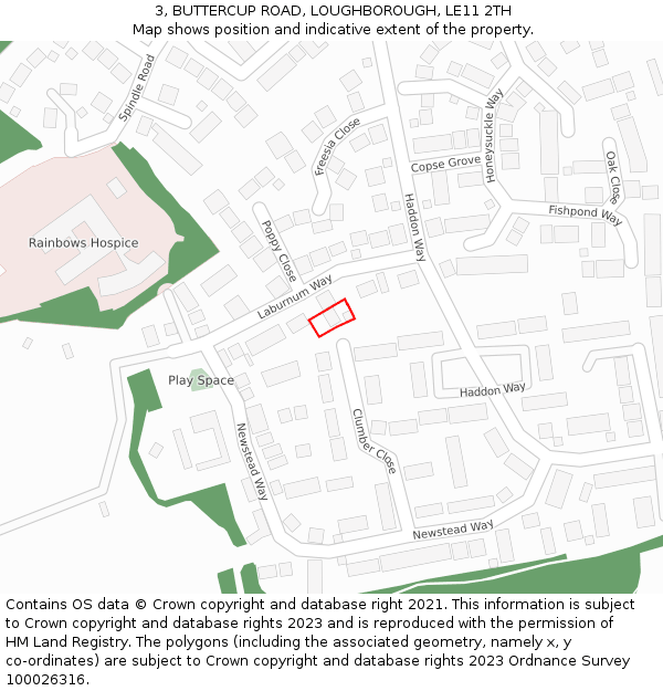 3, BUTTERCUP ROAD, LOUGHBOROUGH, LE11 2TH: Location map and indicative extent of plot
