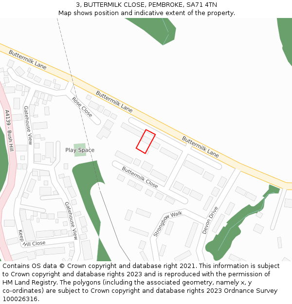 3, BUTTERMILK CLOSE, PEMBROKE, SA71 4TN: Location map and indicative extent of plot