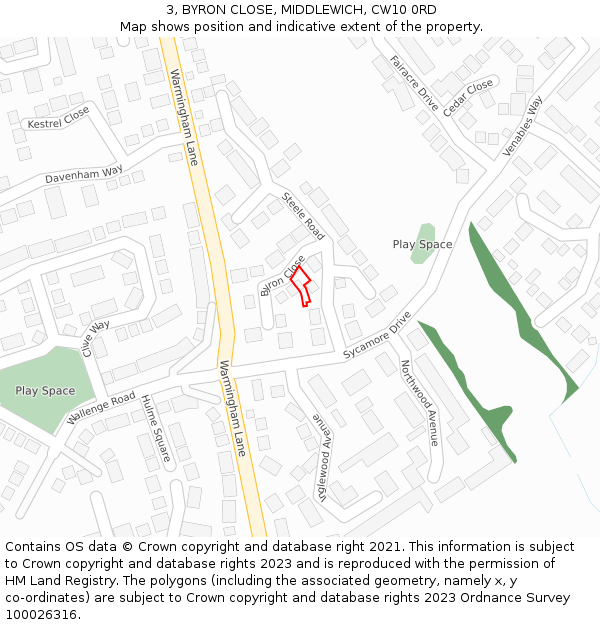 3, BYRON CLOSE, MIDDLEWICH, CW10 0RD: Location map and indicative extent of plot