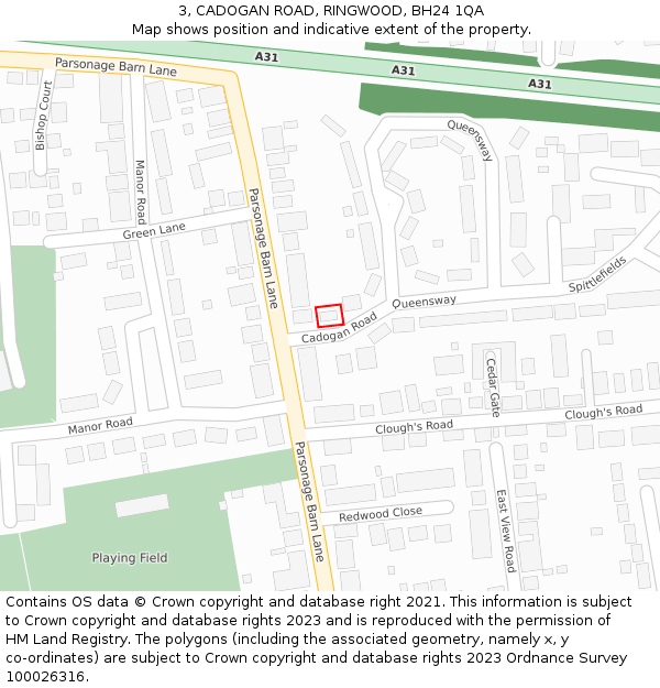 3, CADOGAN ROAD, RINGWOOD, BH24 1QA: Location map and indicative extent of plot