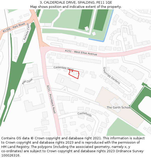 3, CALDERDALE DRIVE, SPALDING, PE11 1QE: Location map and indicative extent of plot