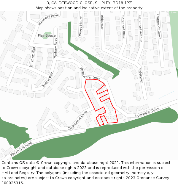 3, CALDERWOOD CLOSE, SHIPLEY, BD18 1PZ: Location map and indicative extent of plot