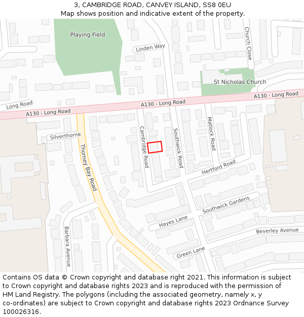 3, CAMBRIDGE ROAD, CANVEY ISLAND, SS8 0EU: Location map and indicative extent of plot