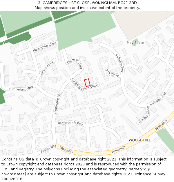 3, CAMBRIDGESHIRE CLOSE, WOKINGHAM, RG41 3BD: Location map and indicative extent of plot