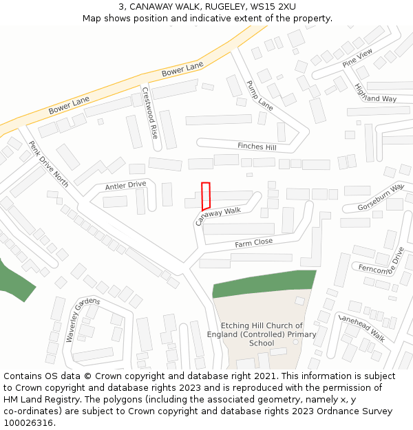 3, CANAWAY WALK, RUGELEY, WS15 2XU: Location map and indicative extent of plot