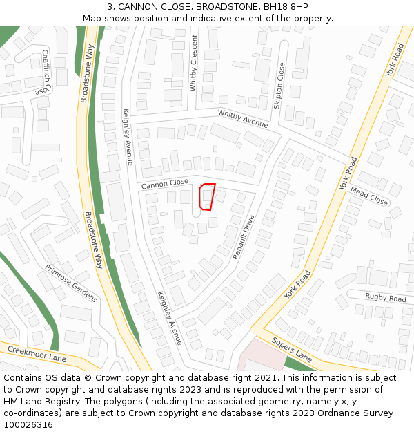 3, CANNON CLOSE, BROADSTONE, BH18 8HP: Location map and indicative extent of plot