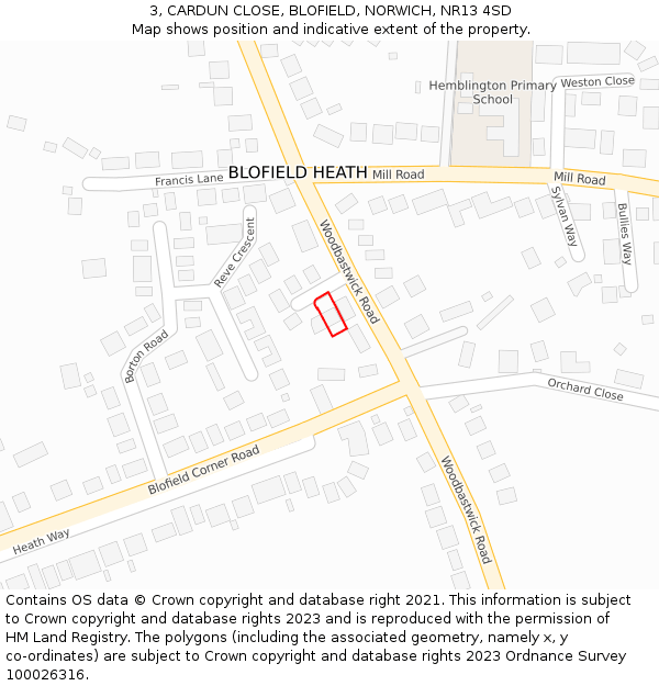 3, CARDUN CLOSE, BLOFIELD, NORWICH, NR13 4SD: Location map and indicative extent of plot