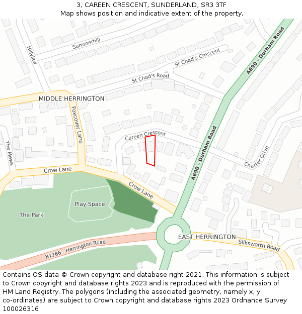 3, CAREEN CRESCENT, SUNDERLAND, SR3 3TF: Location map and indicative extent of plot