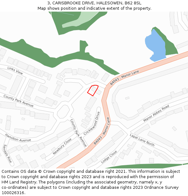 3, CARISBROOKE DRIVE, HALESOWEN, B62 8SL: Location map and indicative extent of plot