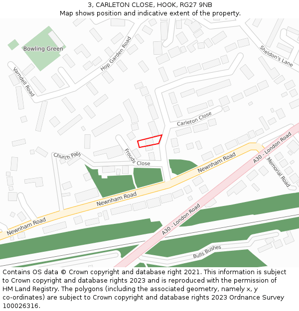 3, CARLETON CLOSE, HOOK, RG27 9NB: Location map and indicative extent of plot