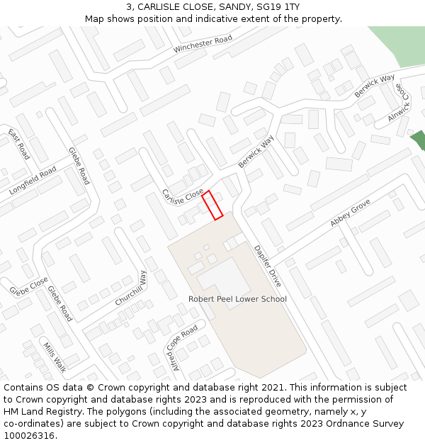 3, CARLISLE CLOSE, SANDY, SG19 1TY: Location map and indicative extent of plot