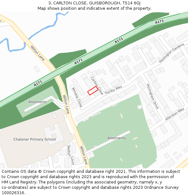 3, CARLTON CLOSE, GUISBOROUGH, TS14 6GJ: Location map and indicative extent of plot