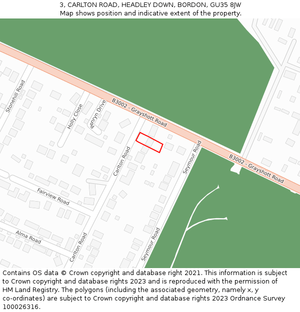 3, CARLTON ROAD, HEADLEY DOWN, BORDON, GU35 8JW: Location map and indicative extent of plot