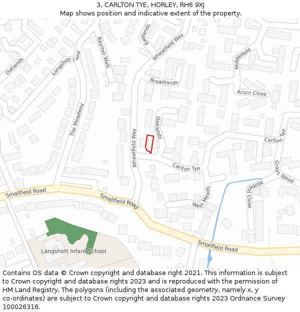 3, CARLTON TYE, HORLEY, RH6 9XJ: Location map and indicative extent of plot