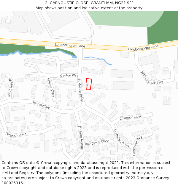 3, CARNOUSTIE CLOSE, GRANTHAM, NG31 9FF: Location map and indicative extent of plot