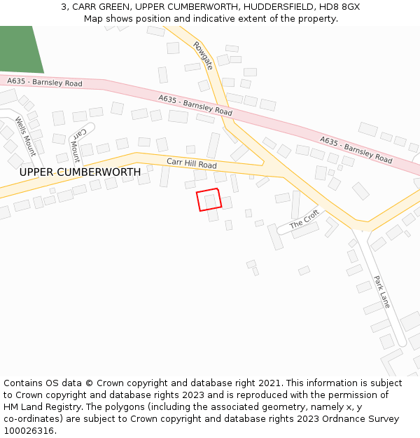3, CARR GREEN, UPPER CUMBERWORTH, HUDDERSFIELD, HD8 8GX: Location map and indicative extent of plot