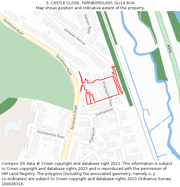 3, CASTLE CLOSE, FARNBOROUGH, GU14 6UA: Location map and indicative extent of plot