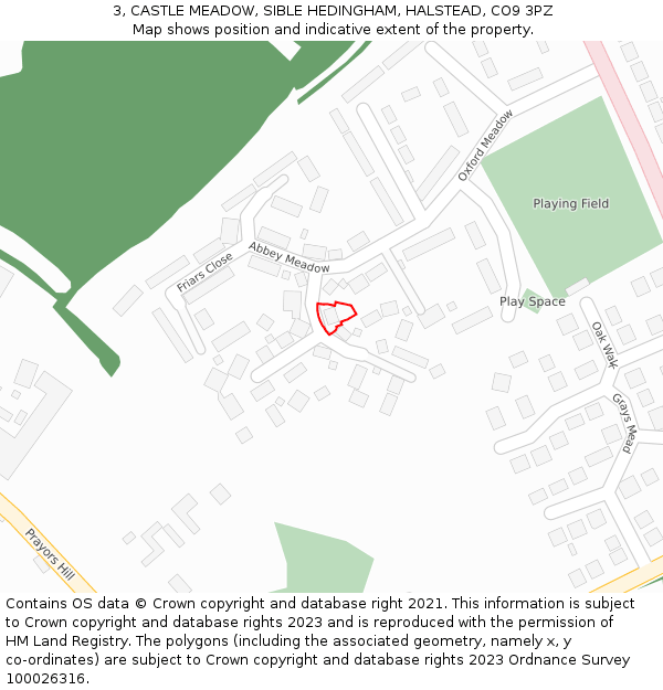 3, CASTLE MEADOW, SIBLE HEDINGHAM, HALSTEAD, CO9 3PZ: Location map and indicative extent of plot