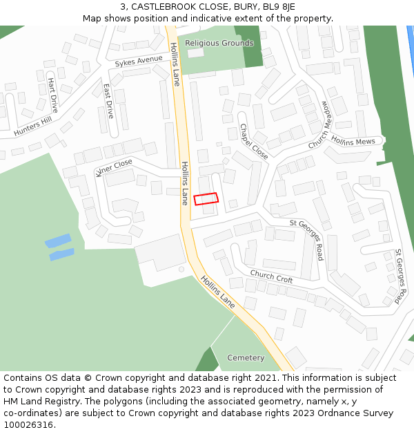 3, CASTLEBROOK CLOSE, BURY, BL9 8JE: Location map and indicative extent of plot