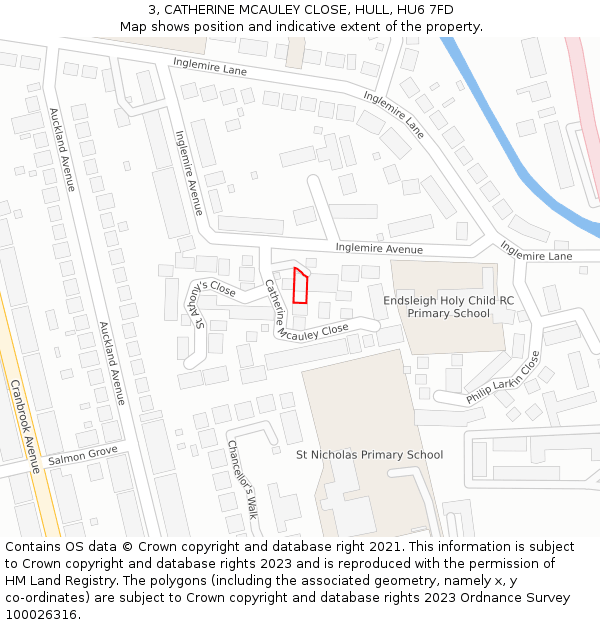 3, CATHERINE MCAULEY CLOSE, HULL, HU6 7FD: Location map and indicative extent of plot