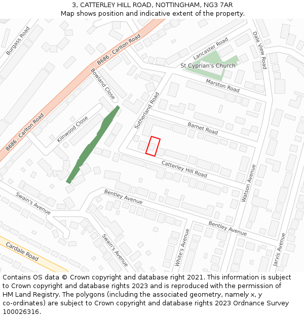 3, CATTERLEY HILL ROAD, NOTTINGHAM, NG3 7AR: Location map and indicative extent of plot