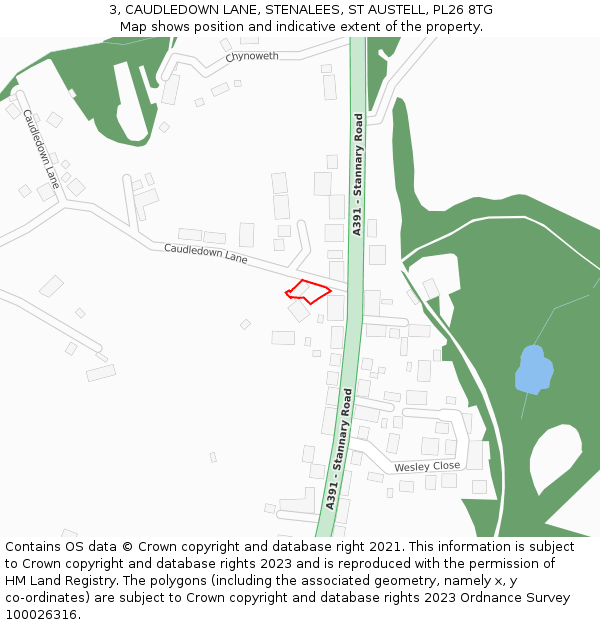 3, CAUDLEDOWN LANE, STENALEES, ST AUSTELL, PL26 8TG: Location map and indicative extent of plot