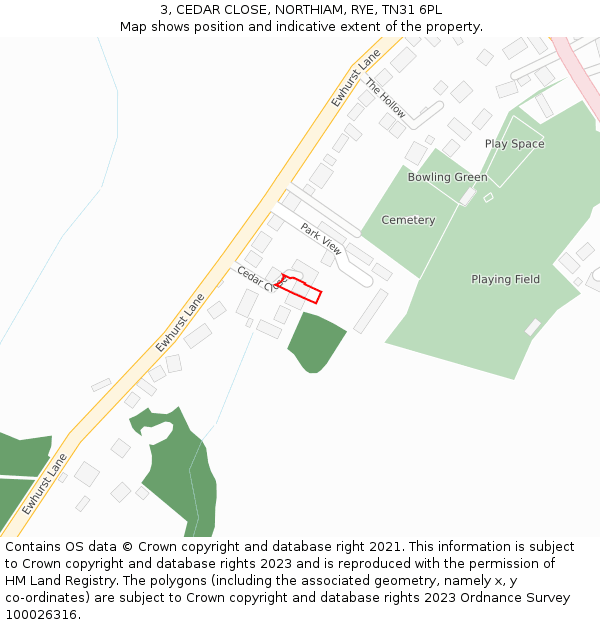 3, CEDAR CLOSE, NORTHIAM, RYE, TN31 6PL: Location map and indicative extent of plot