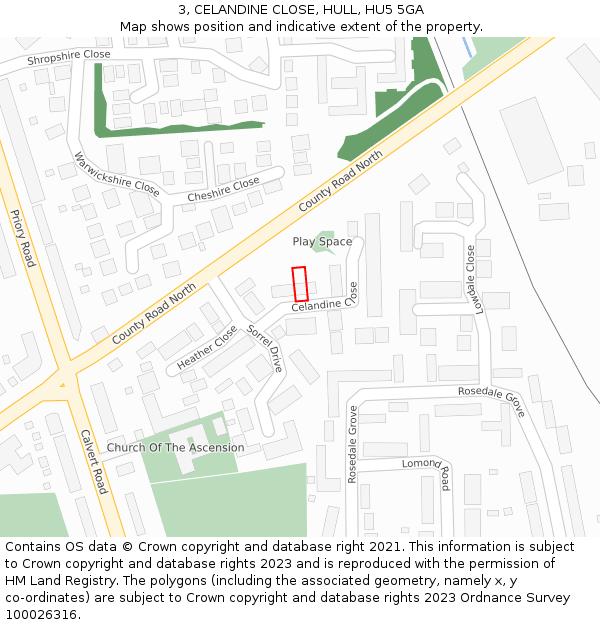 3, CELANDINE CLOSE, HULL, HU5 5GA: Location map and indicative extent of plot