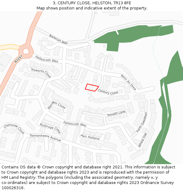 3, CENTURY CLOSE, HELSTON, TR13 8FE: Location map and indicative extent of plot