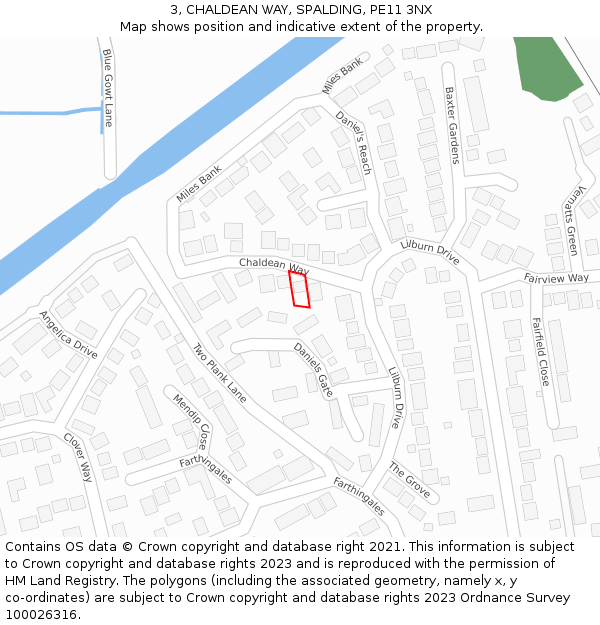 3, CHALDEAN WAY, SPALDING, PE11 3NX: Location map and indicative extent of plot