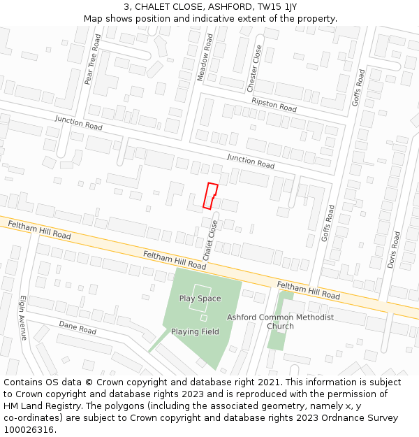 3, CHALET CLOSE, ASHFORD, TW15 1JY: Location map and indicative extent of plot