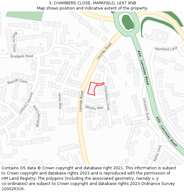 3, CHAMBERS CLOSE, MARKFIELD, LE67 9NB: Location map and indicative extent of plot