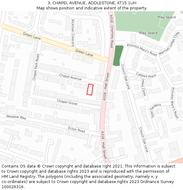 3, CHAPEL AVENUE, ADDLESTONE, KT15 1UH: Location map and indicative extent of plot