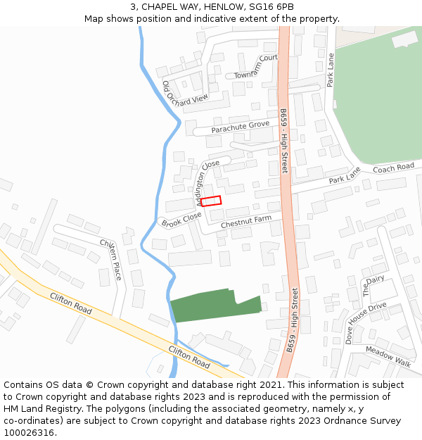 3, CHAPEL WAY, HENLOW, SG16 6PB: Location map and indicative extent of plot