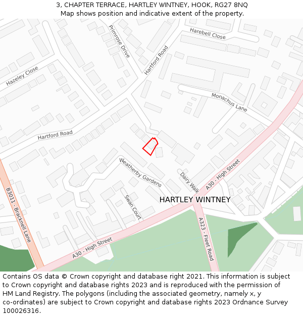 3, CHAPTER TERRACE, HARTLEY WINTNEY, HOOK, RG27 8NQ: Location map and indicative extent of plot