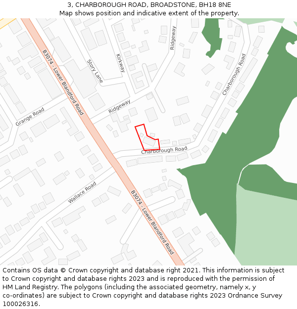 3, CHARBOROUGH ROAD, BROADSTONE, BH18 8NE: Location map and indicative extent of plot