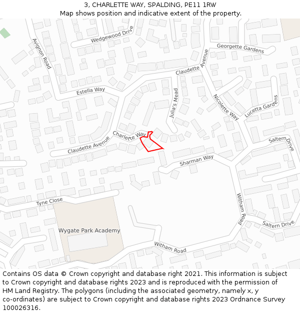 3, CHARLETTE WAY, SPALDING, PE11 1RW: Location map and indicative extent of plot