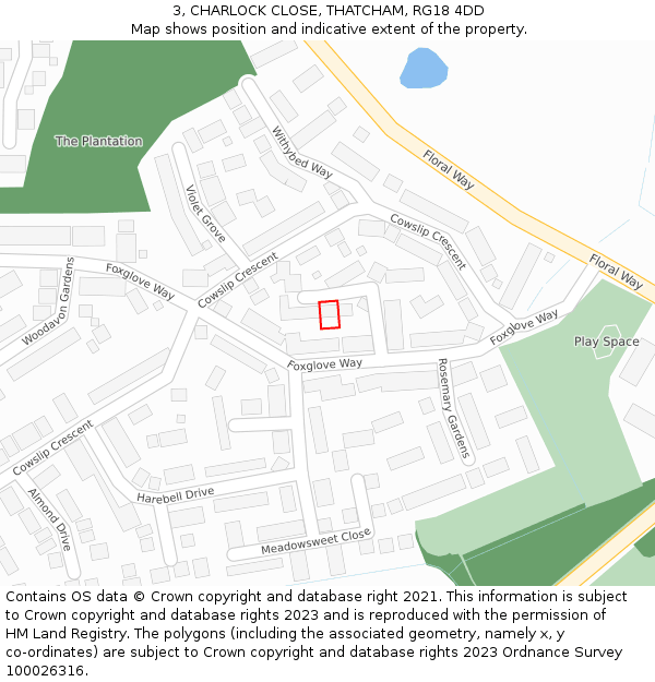 3, CHARLOCK CLOSE, THATCHAM, RG18 4DD: Location map and indicative extent of plot