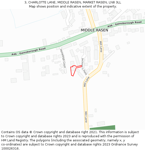 3, CHARLOTTE LANE, MIDDLE RASEN, MARKET RASEN, LN8 3LL: Location map and indicative extent of plot