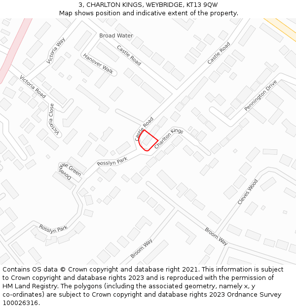 3, CHARLTON KINGS, WEYBRIDGE, KT13 9QW: Location map and indicative extent of plot
