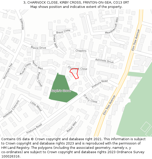 3, CHARNOCK CLOSE, KIRBY CROSS, FRINTON-ON-SEA, CO13 0RT: Location map and indicative extent of plot