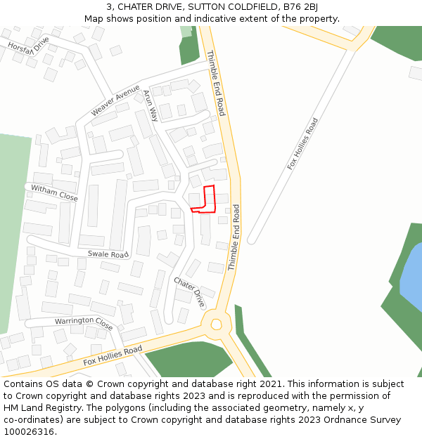 3, CHATER DRIVE, SUTTON COLDFIELD, B76 2BJ: Location map and indicative extent of plot