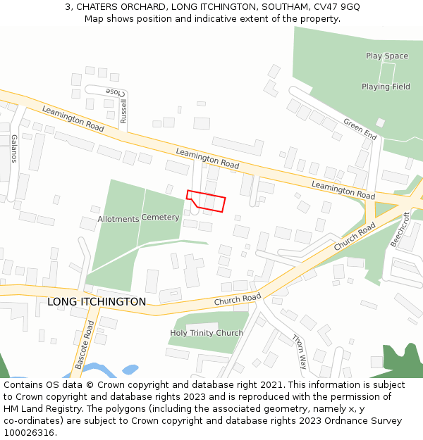 3, CHATERS ORCHARD, LONG ITCHINGTON, SOUTHAM, CV47 9GQ: Location map and indicative extent of plot