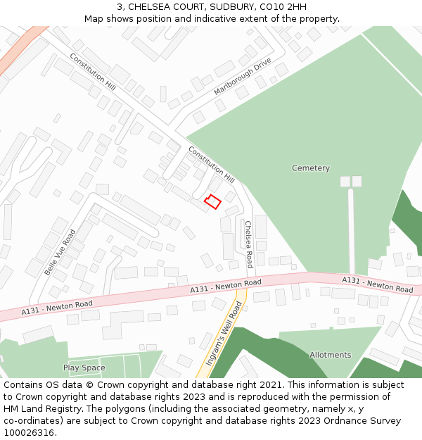 3, CHELSEA COURT, SUDBURY, CO10 2HH: Location map and indicative extent of plot