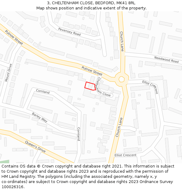 3, CHELTENHAM CLOSE, BEDFORD, MK41 8RL: Location map and indicative extent of plot