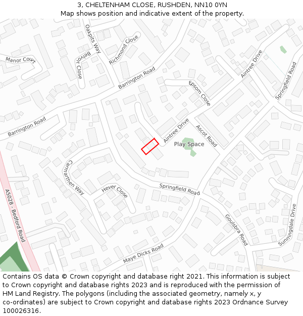 3, CHELTENHAM CLOSE, RUSHDEN, NN10 0YN: Location map and indicative extent of plot