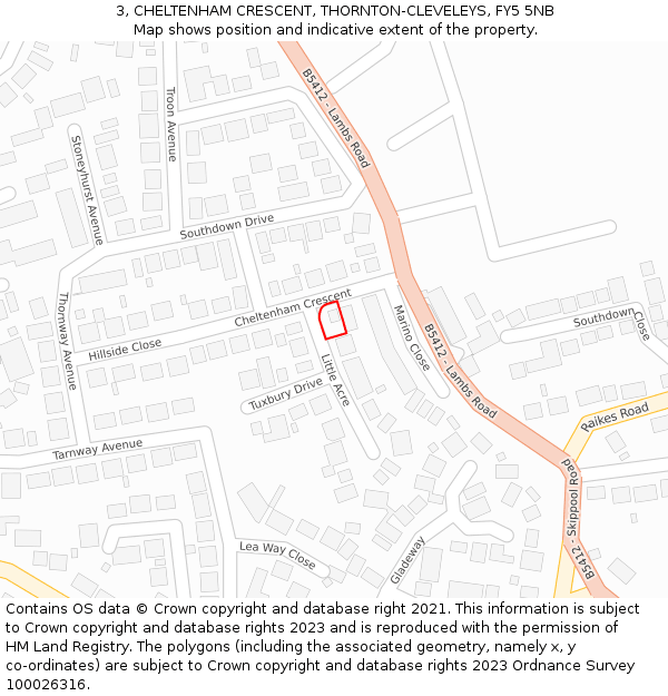 3, CHELTENHAM CRESCENT, THORNTON-CLEVELEYS, FY5 5NB: Location map and indicative extent of plot